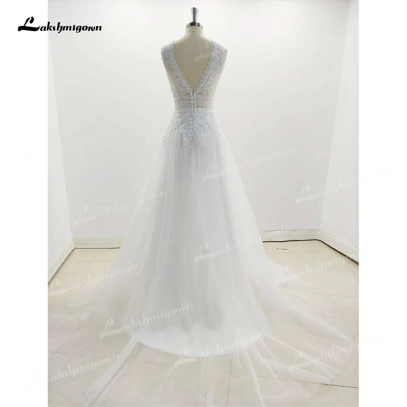 Boho Spitze Hochzeit Kleider 2022 Brautkleider Ärmelloses Sweep Backless Tank V-ausschnitt Tüll Bodenlangen Appliques Dame Robe