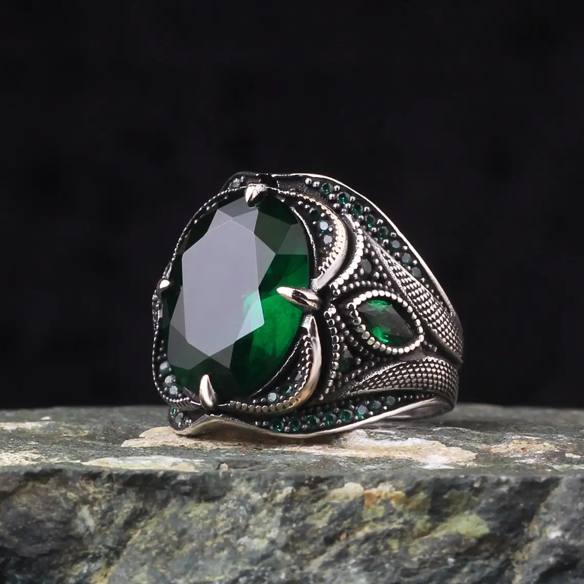 Green Zircon Stone Men Silver Ring, 925 Sterling Silver Emerald Gemstone Ring, Handmade Engraved Turkish Silver Ring