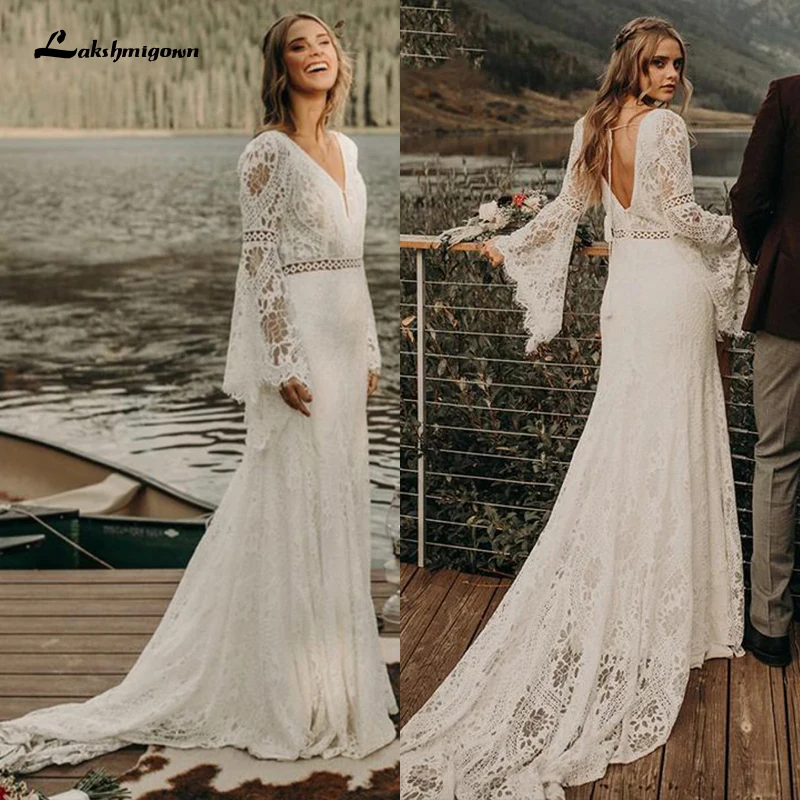 

Charming Beach Boho Long Sleeves Wedding Dress V Neck Plus Size Backless Cut Out Lace Destination Elopement Bridal Gown