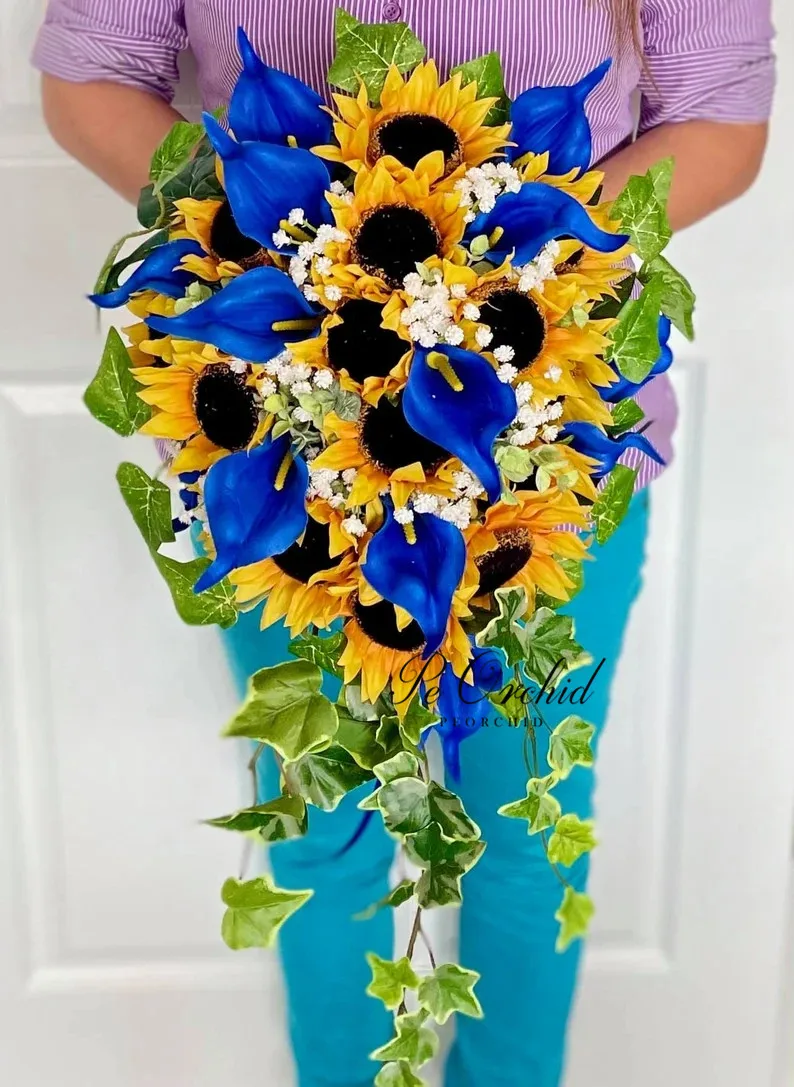 PEORCHID Artificial Calla Lilies Sunflower Bridal Bouquet Cascade De Mariage Teardrop Yellow Royal Blue Wedding Bride Bouquet