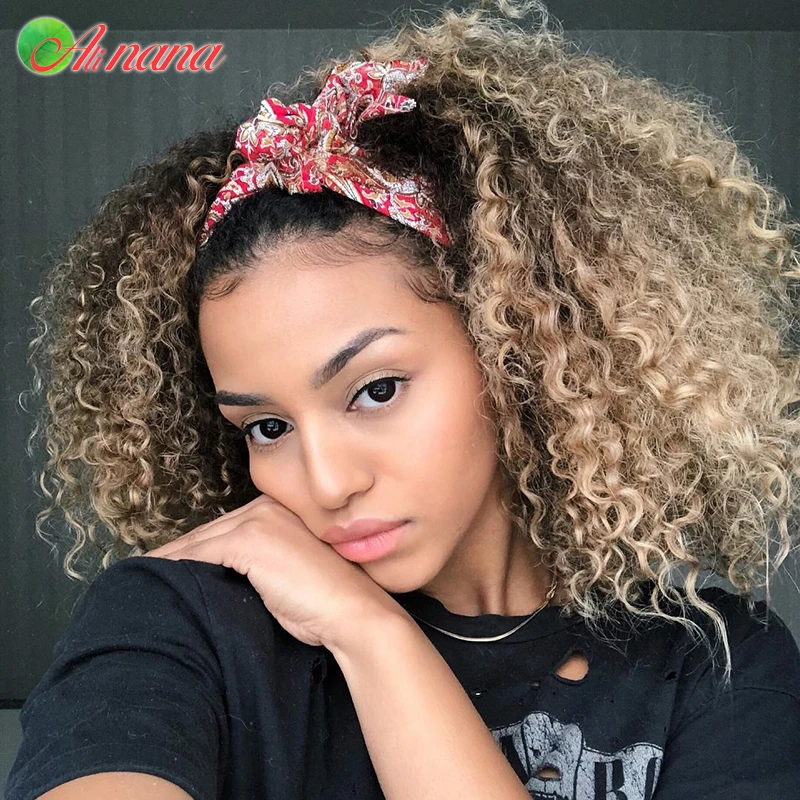 Headband Wig #1B/27 Spiral Curly Beginner Friendly Glueless Scarf Remy Human Hair Wigs For Women Peruvian Blonde Kinky Curly