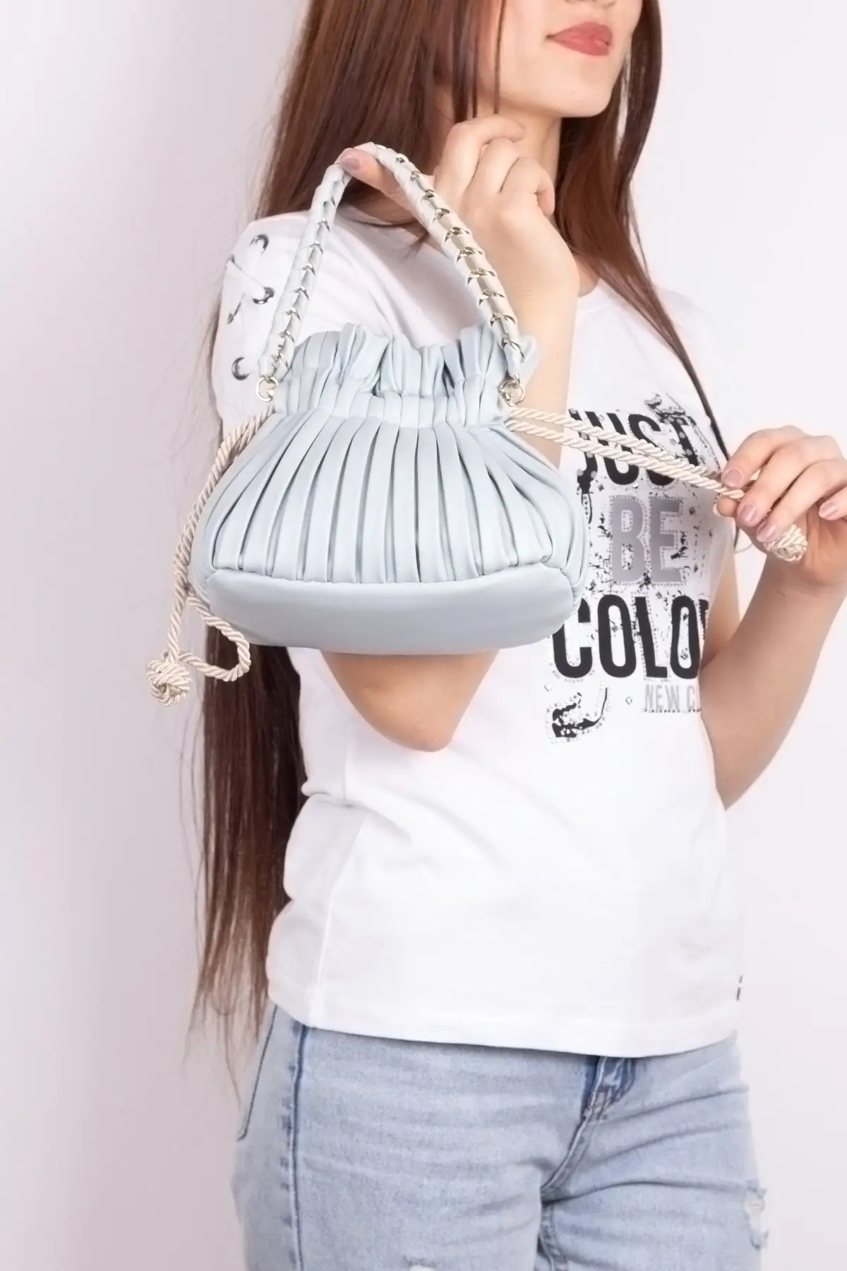 Women's Pleated Soft Leather Braid Chain Detail Pouch Hand & Shoulder Bag