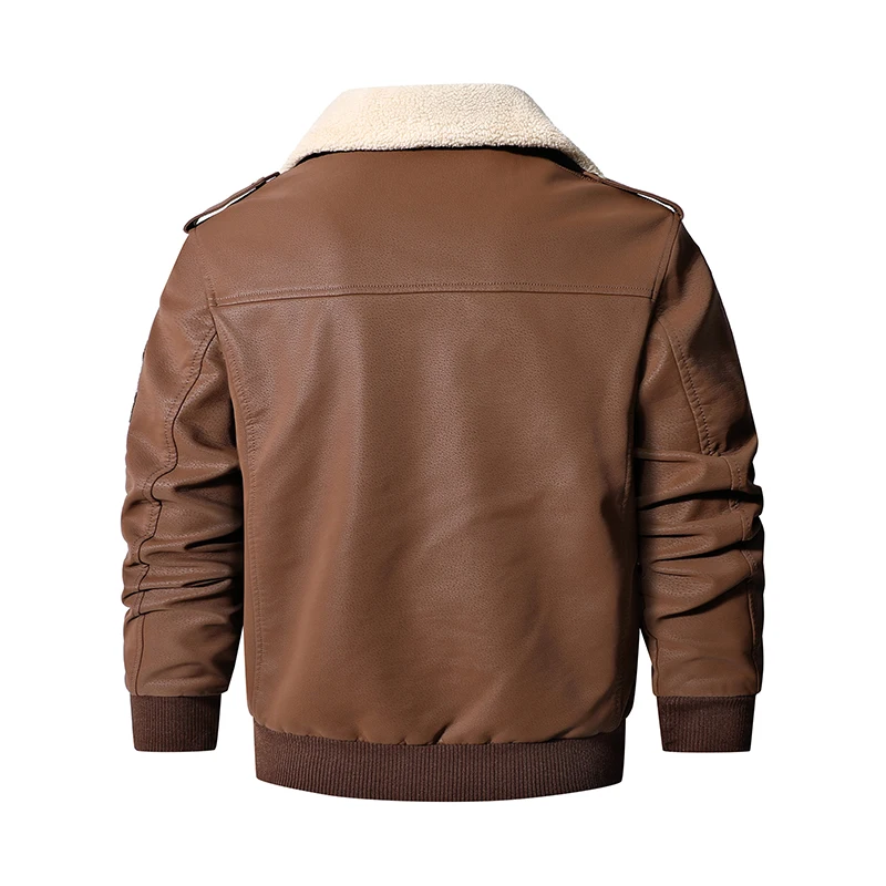 Men\'s Bomber Motorcycle Leather Jacket Vintage Brown Military Flight Coat Winter Fleece Faux Leather Pigskin Plus Size Jaqueta