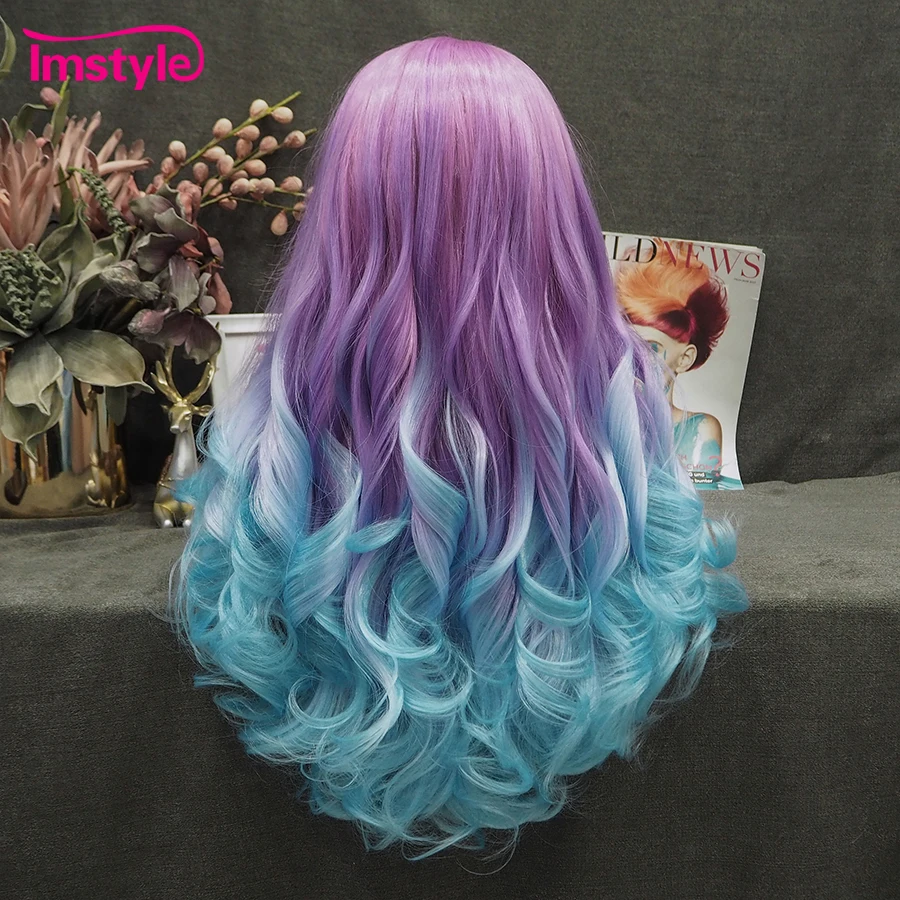 Imstyle Ombre fioletowy niebieski peruka syntetyczna koronka peruka Front naturalne peruka z falowanymi włosami Multicolor Cosplay peruki dla kobiet