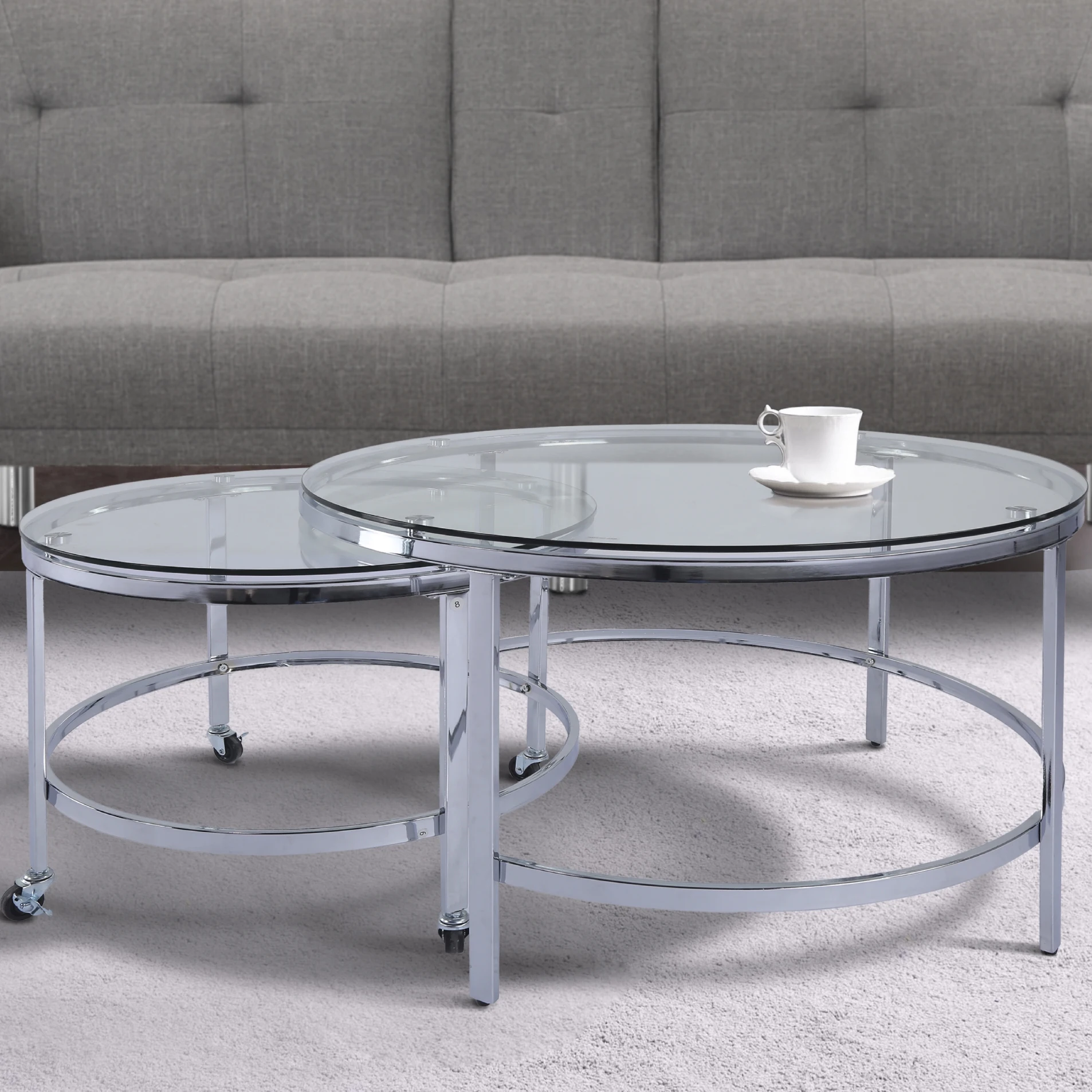 Modern Glass Nesting Table Set Transparent / Sliver Coffee Table Center Table[US-W]