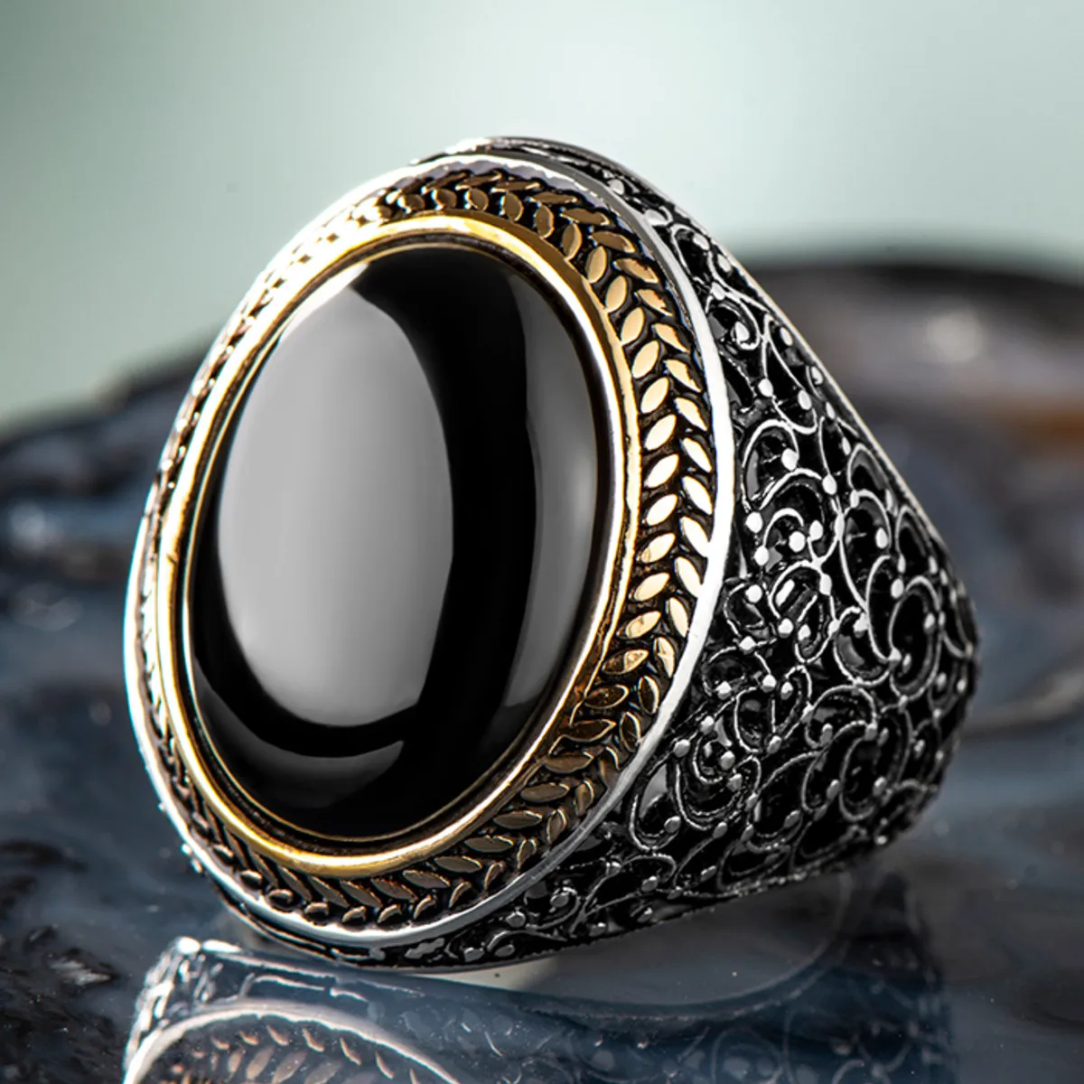 

925 Sterling Silver Oval Black Onyx Men's Ring with Special Plain Design Exclusive Ring for Men Made in Turkey