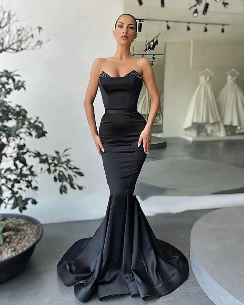 

Newest Black Long Prom Dresses Sleeveless Long Train Evening Dress Satin Formal Party Gowns Vestidos De Festa