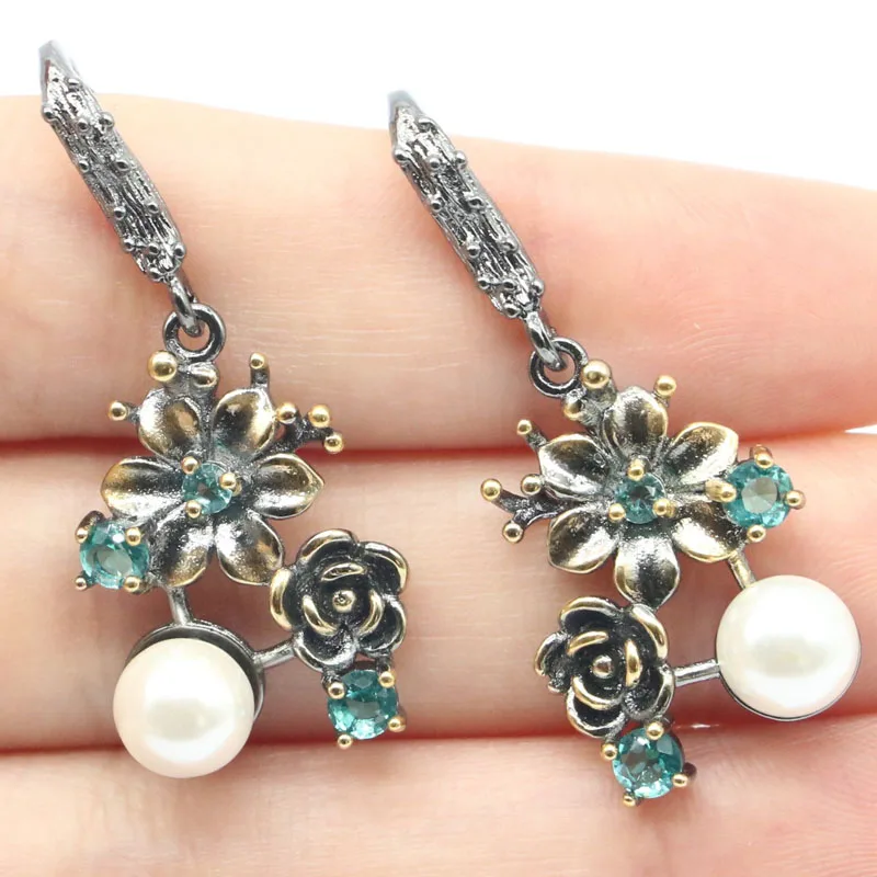 Buy 3 get 1 free 38x16mm  Flowers 6.5g Vintage  Aquamarine Pink Morganite White Pearl Black Metal Silver Earrings