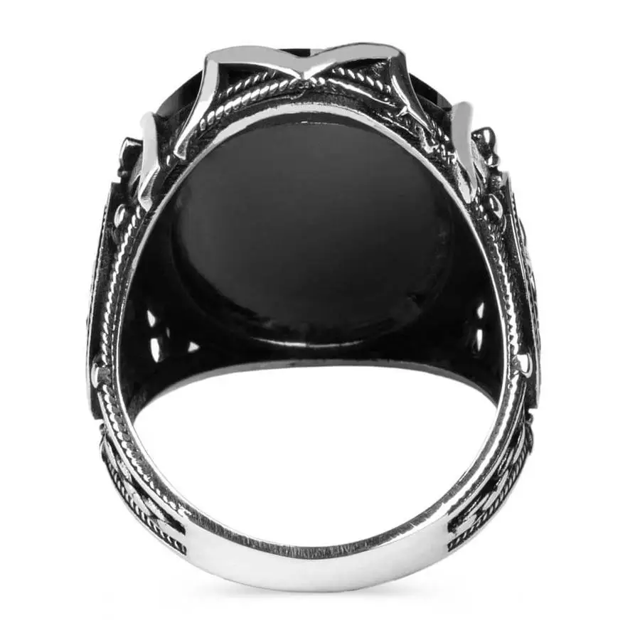 Facet Cut Zircon Stone Silver Mens Ring with Rudder Pattern Fashion Turkish Premium Quality Handmade Jawelery