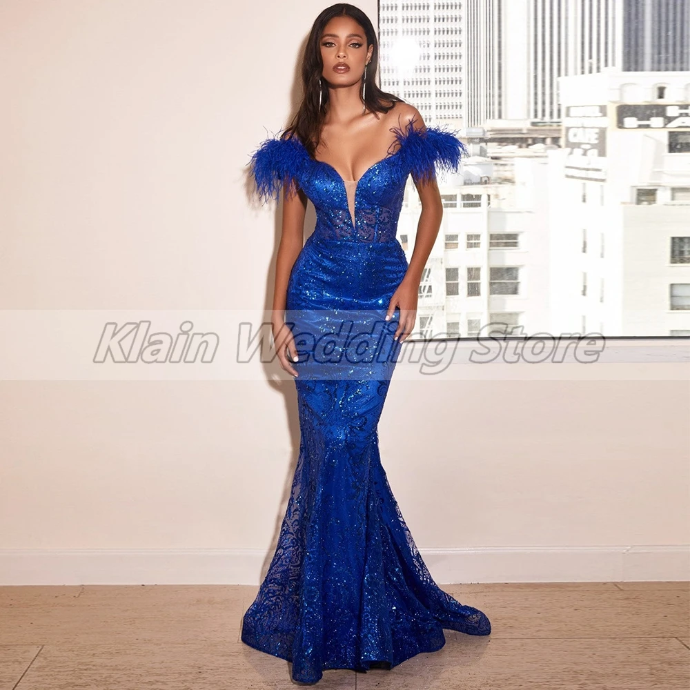 Weilinsha moderne koningsblauwe zeemeermin kant avondjurken glitter lovertjes off shoulder met veren prom jurken robe de soirée