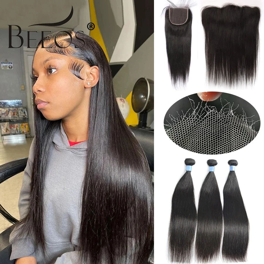 Beeos-mechones de pelo liso con cierre, extensiones de cabello humano con encaje Frontal, 13x6, HD