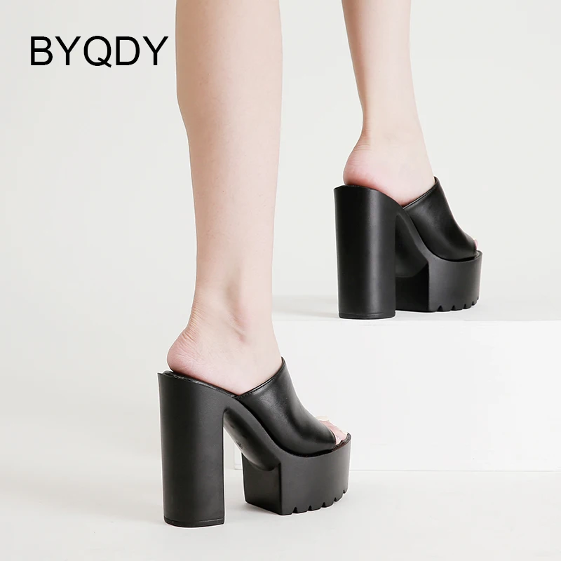 BYQDY Platform Sandals for Women Sexy Peep Toe Slip On Chunky High Heel Sandals Date Dress Shoes Backless Mules Plus Size