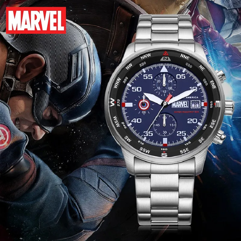 

Marvel Offical Men Sport Quartz Wristwatch The Avengers Captain America Dial Chronograph Calendar Stainless Steel Sapphire Clock