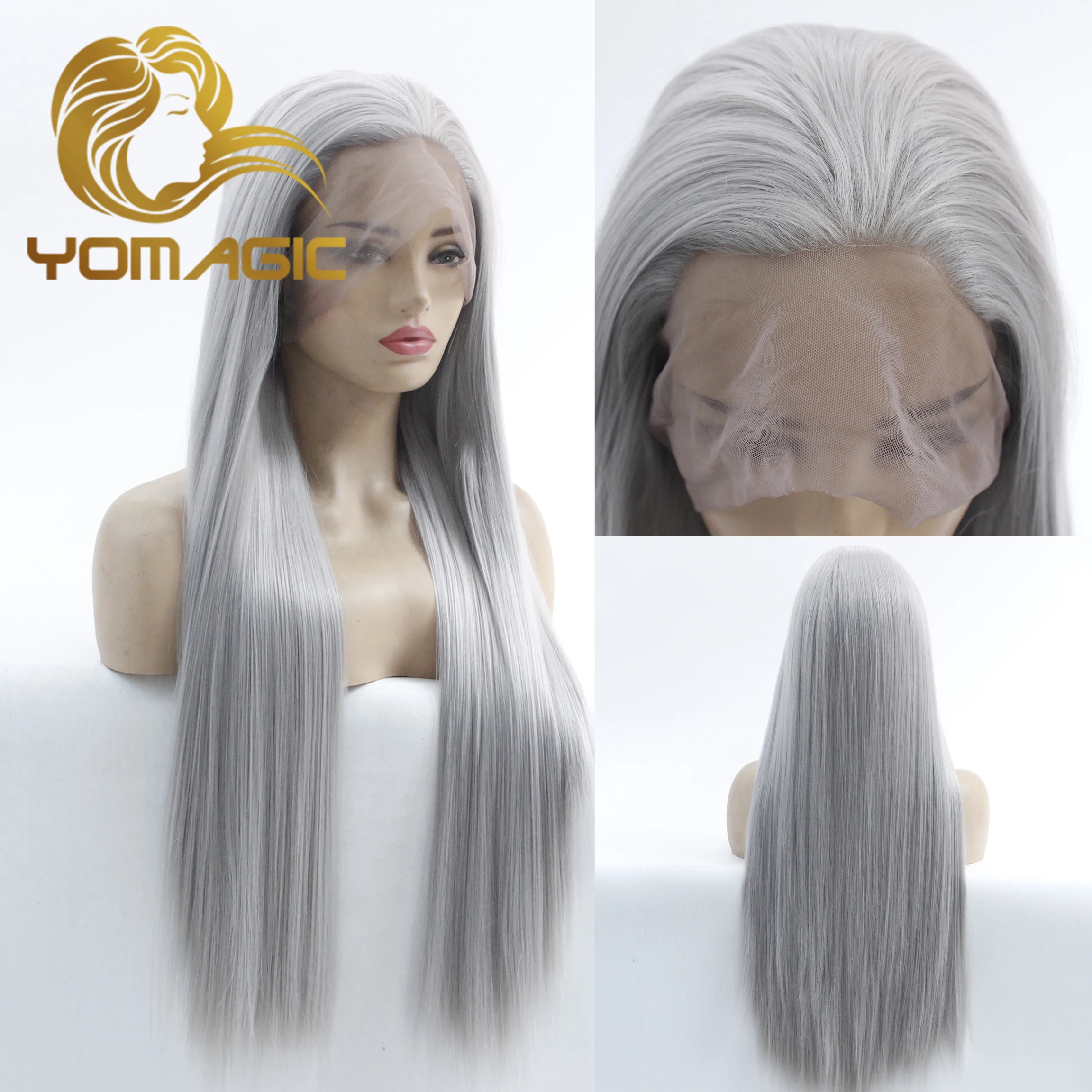 

Yomagic Gray Synthetic 13X3 Lace Front Wigs With Baby Hair Straight Heat Resistant Lace Wigs For Women Pre Plucked