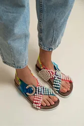 Cross Buckle Pearl Detail Sandals Thick Platform Slippers Women Pu Leather Casual Beach Flip Flops Woman Summer Open Toe Sandals