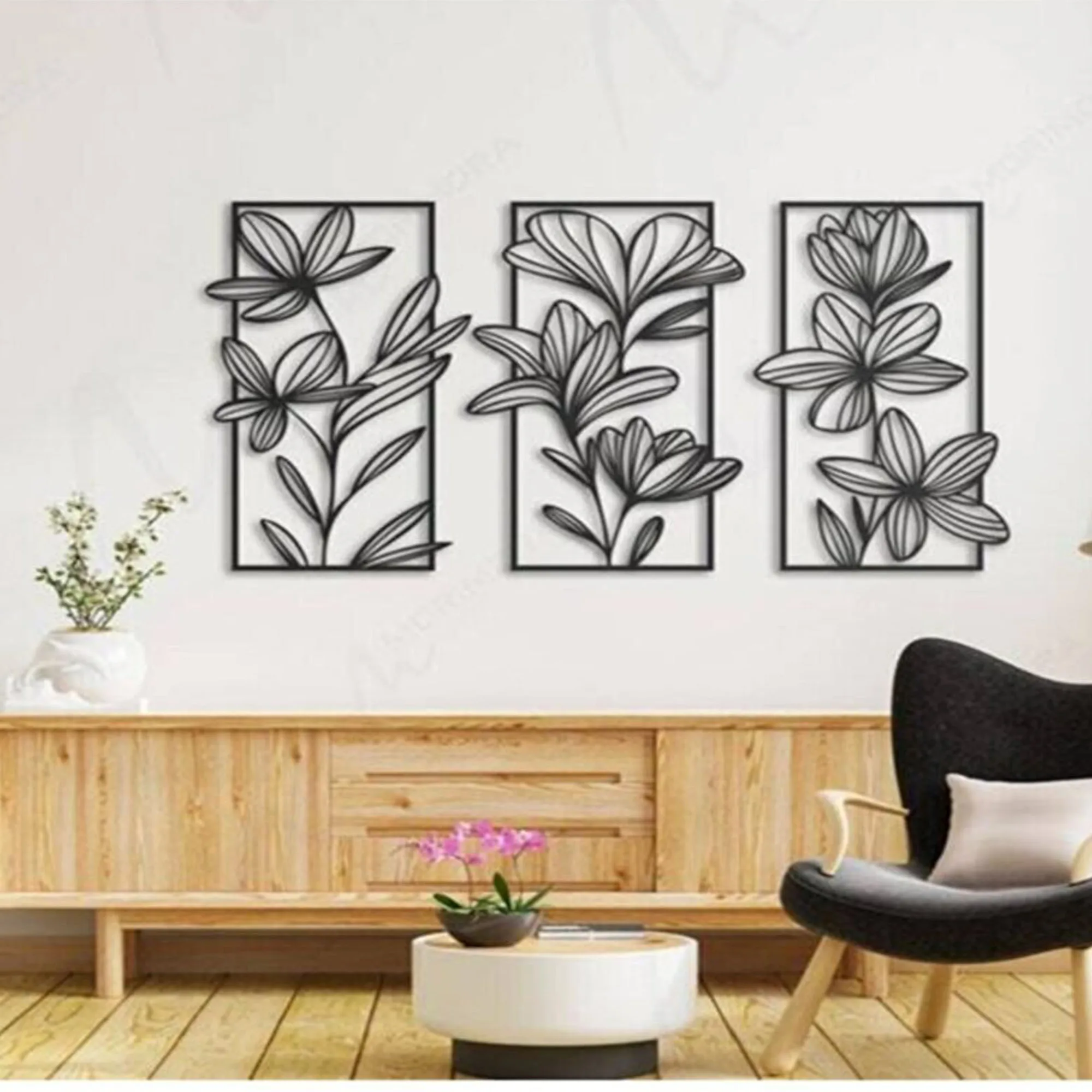 3 Flower Patterns Wood Wall Art home Decoration Laser Cut Wall Decor Painting Black Color Modern Nature Home Office Living Room