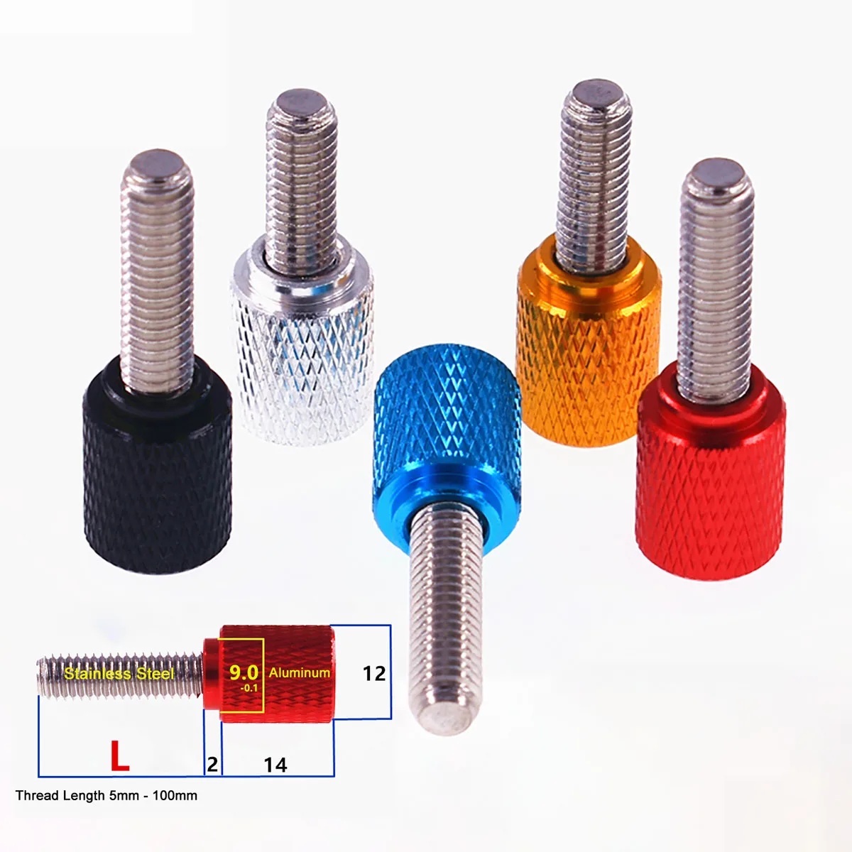 2Pcs M6 Aluminum Thumb Screw Diameter 12mm Handle Step Knurled Hand Tighten Thumb Screw 6-100mm Stainless Steel Thread