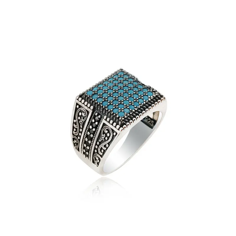 925 Silver Stylish Pave Turquoise Men's Ring Elegant Man Ring Turkish Ring for Men кольцо الخاتم