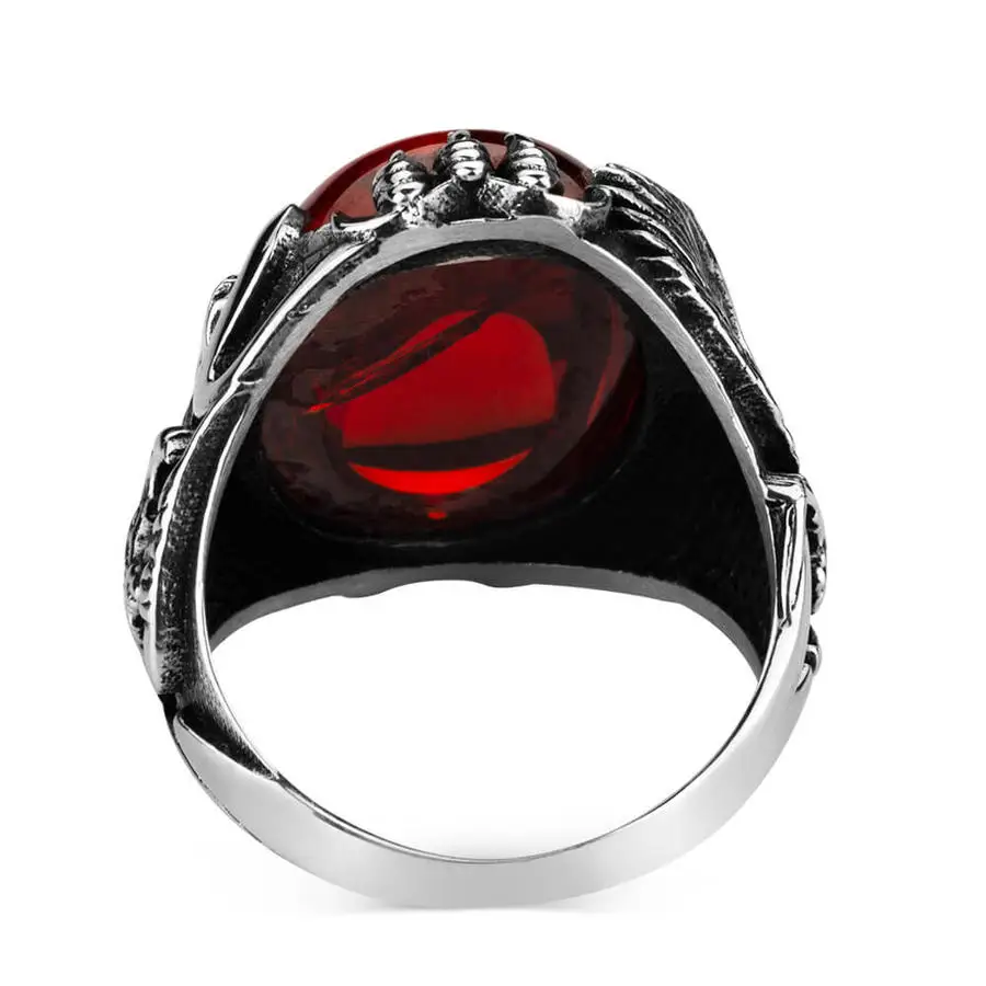 Eagle Figured Red Zircon Stone Silver Men's Ring Fashion Turkish Premium Quality Handmade Jawelery