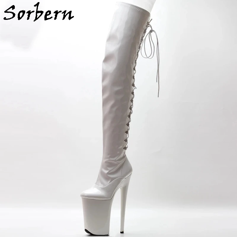 Sorbern White Back Lace Up Boots Women Mid Thigh High 23Cm Extreme High Heel Platform Customized Leg Size EU36-40