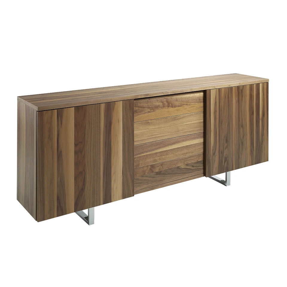 3056 sideboard Angel Cerdá-natural walnut-plated wood sideboard with four central drawers and side sliding doors with interior shelves in veneered wood. 22 Micron chrome stainless steel legs