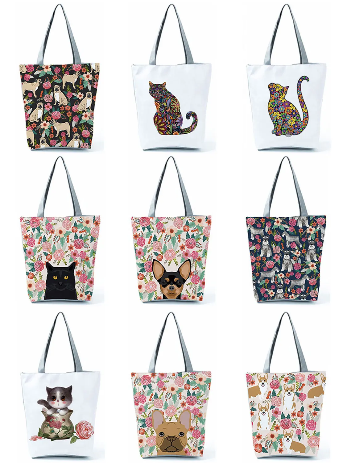 Custom Floral Pet Dog Cat Print Women Tote Handbags Casual School Traveling Shoulder Bag Reusable Shopping Bags for Supermarket