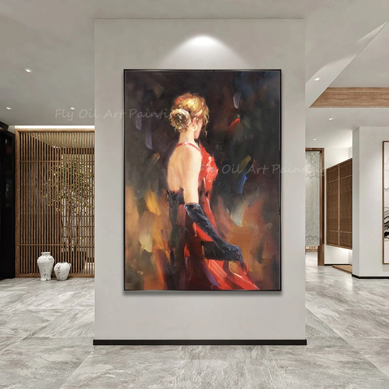 

Beautiful women classic design with red dress and brown canvas 100% handmade oil painting canvas wall decor picture