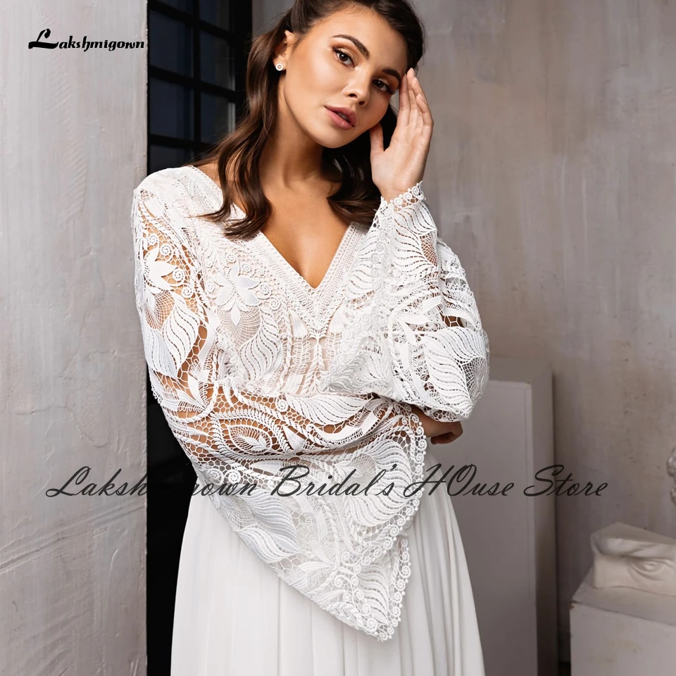 Vestidos Boho Hippie Chic Chiffon Langarm Hochzeit Kleid 2021 Sexy Braut Kleid Backless Empfang Abendessen Kleid Abnehmbare Rock