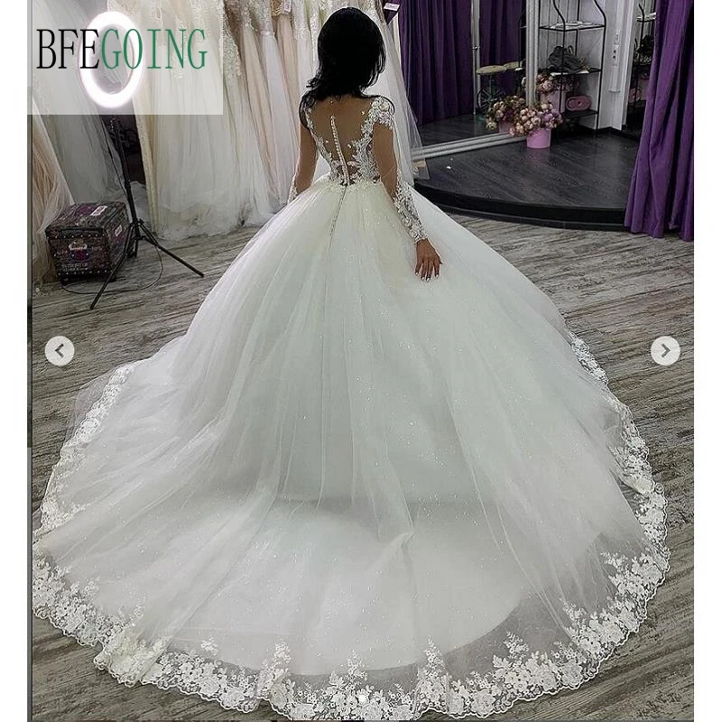 Luxuoso marfim tule renda miçangas mangas compridas até o chão vestido de baile vestido de casamento capela trem personalizado feito