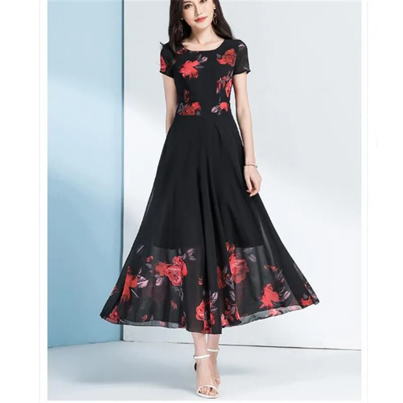 

Chiffon printed dress 2020 summer new fashion O-neck Slim was thin temperament popular big swing beach dress