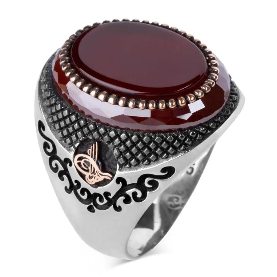 Oval Claret Red Agate Gamestone Plain Model Ottoman Tughra Motif Ring Vintage Men Jewelry Men Silver Accessory