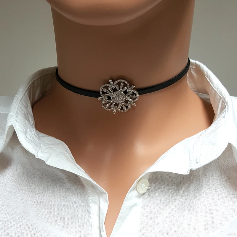 Women Flower Choker Necklace 925 Sterling Silver Suede Women Choker Made in TURKEY