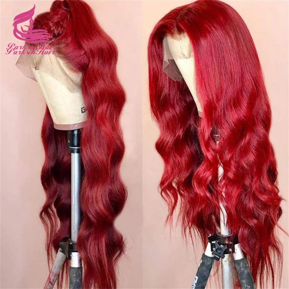 

Human Hair Wig Hot Red 13x6 Transparent Lace Front Wig Brazilian Burgundy Pre Plucked Body Wave 13x4 Lace Frontal Wigs For Women