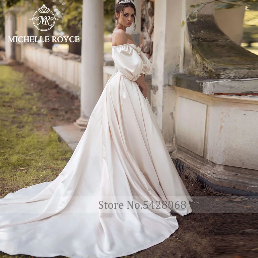 Michelle Royce A-Line Wedding Dresses Sexy Lantern Sleeve Sweetheart Appliques Button Chapel Train Wedding Gown Vestido De Novia