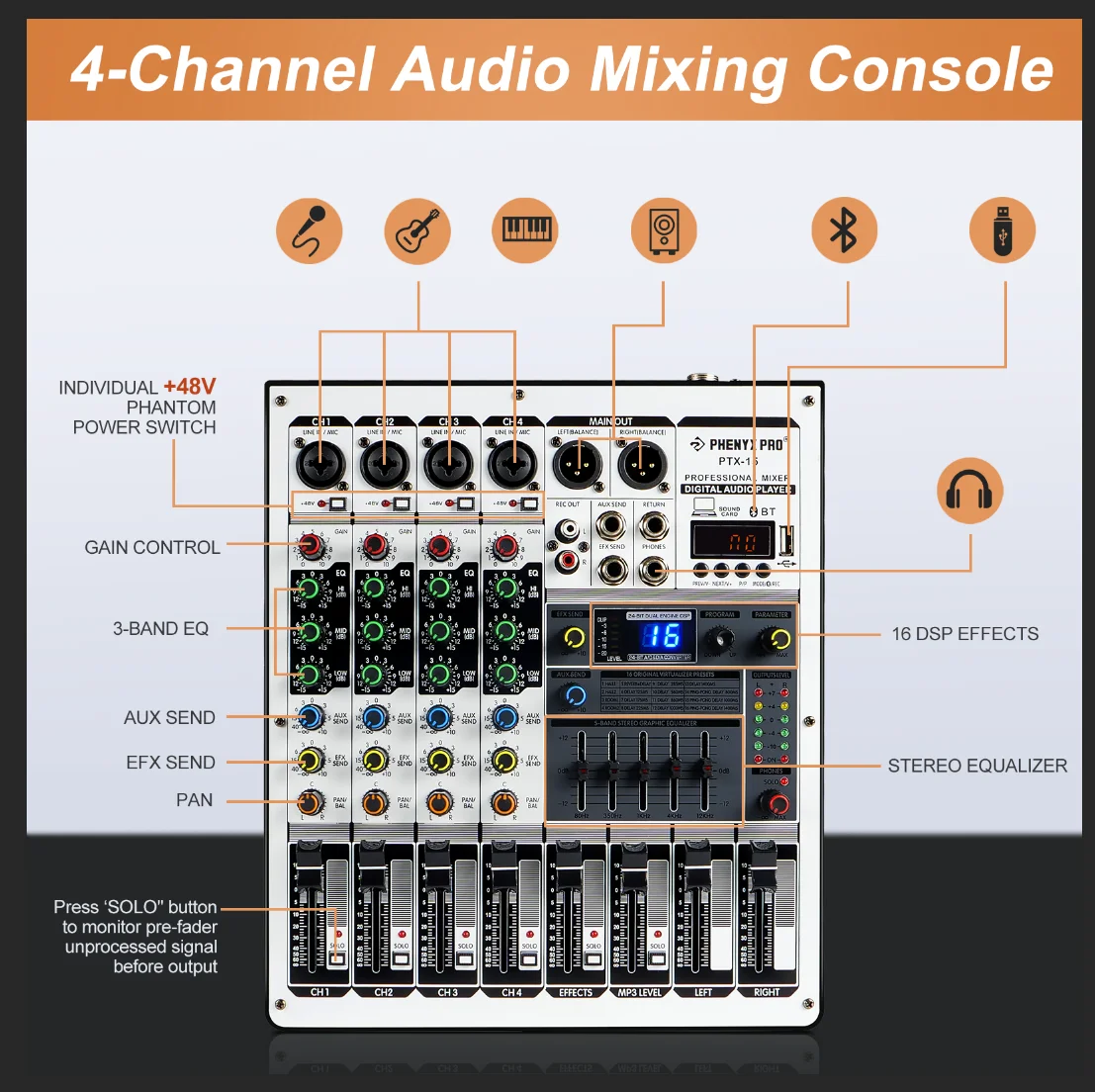 PHENYX PRO микшерный пульт 4 equalizador audio Bluetooth-compatible Mixing Console USB Input Stereo Equalizer for DJ/Karaoke