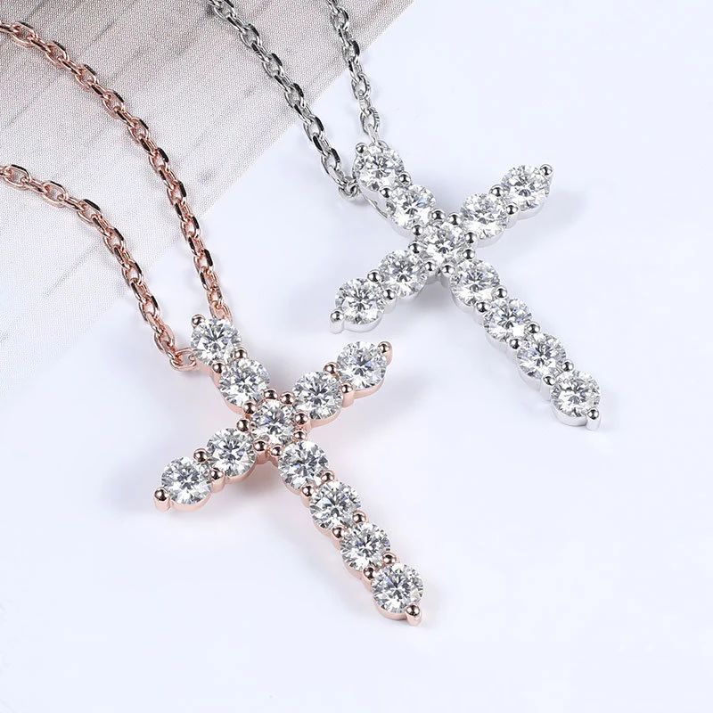 K.NOBSPIN 3mm Round Cut D VVS1 Moissanite Cross Pendants Necklace For Women 925 Sterling Silver Christian Diamond Neck Chain