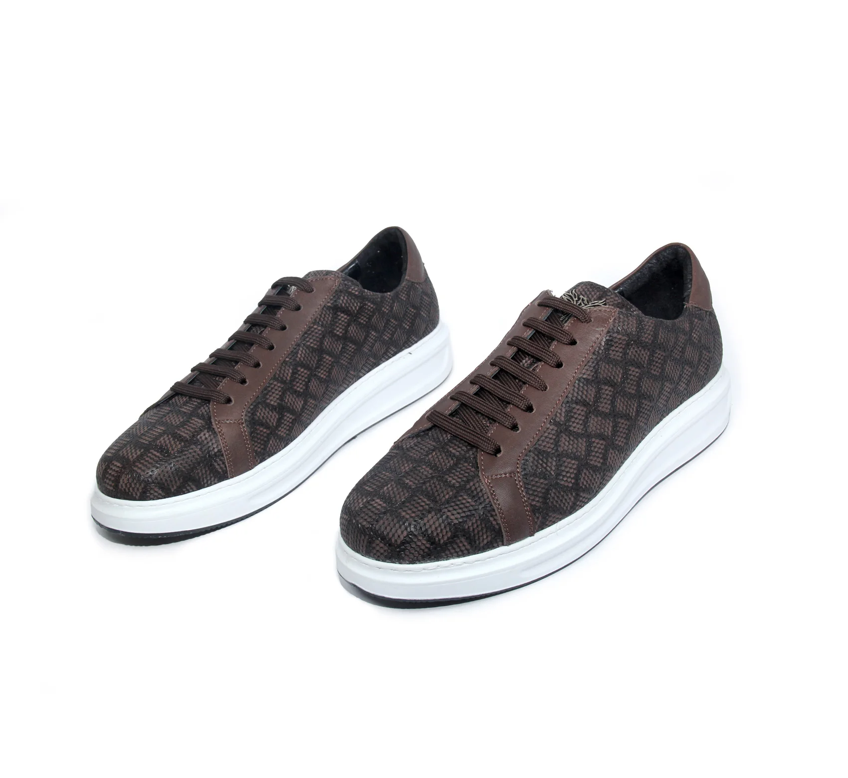 Handmade Brown Sport Sneakers with Natural Calf Skin, Patterned Matte Embossed Lazer Leather, Men's Casual Lightweight Shoes