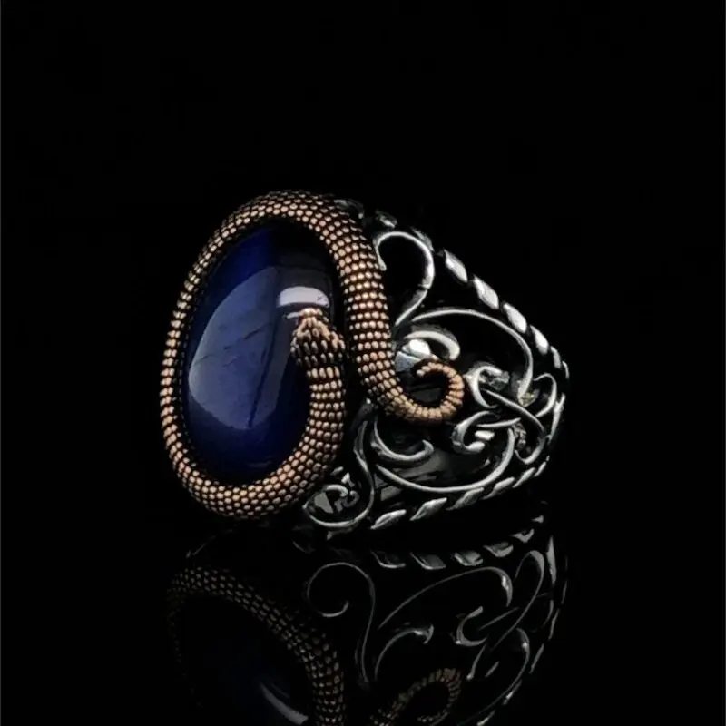 925K Blue Tiger Eye And Snake Motif Handmade Masterwork Sterling Silver Antique Turkish Master Hand Men's Rustic Accesory ForMen