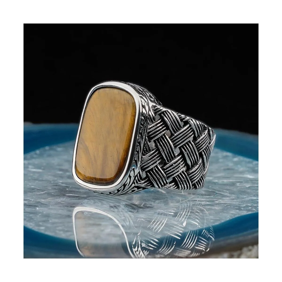 925 Sterling Silver Knitted Patterned Brown Tiger Eye Stone Men's Ring Exclusive Chic Accessory for Men Special Ring