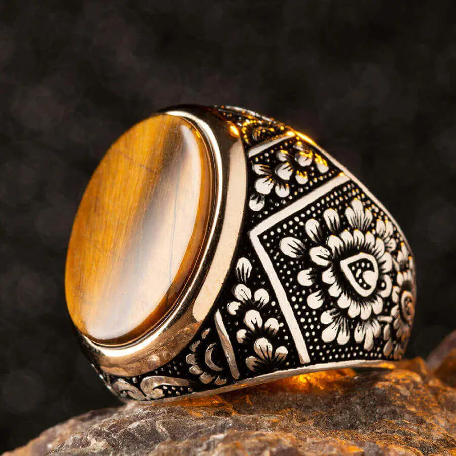 Symmetrical Sterling Silver Mens Ring with Brown Tigereye Stone Fashion Turkish Premium Quality Handmade Jawelery