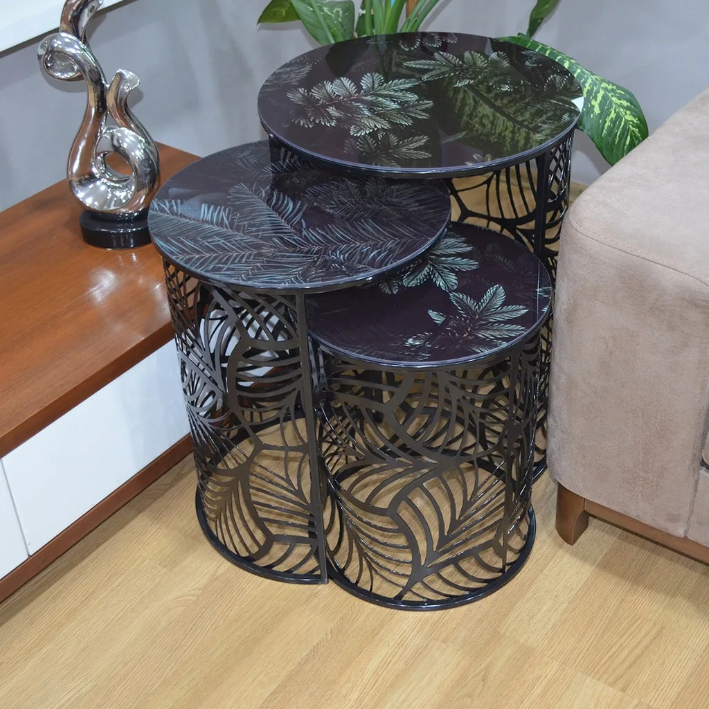 BLACK METAL LASER CUTTING COFFEE TABLE,LUXURY COFFEE TABLES,3 PIECES TABLE,LEAF PATTERN METAL TABLE,METALWORKING,FURNITURE