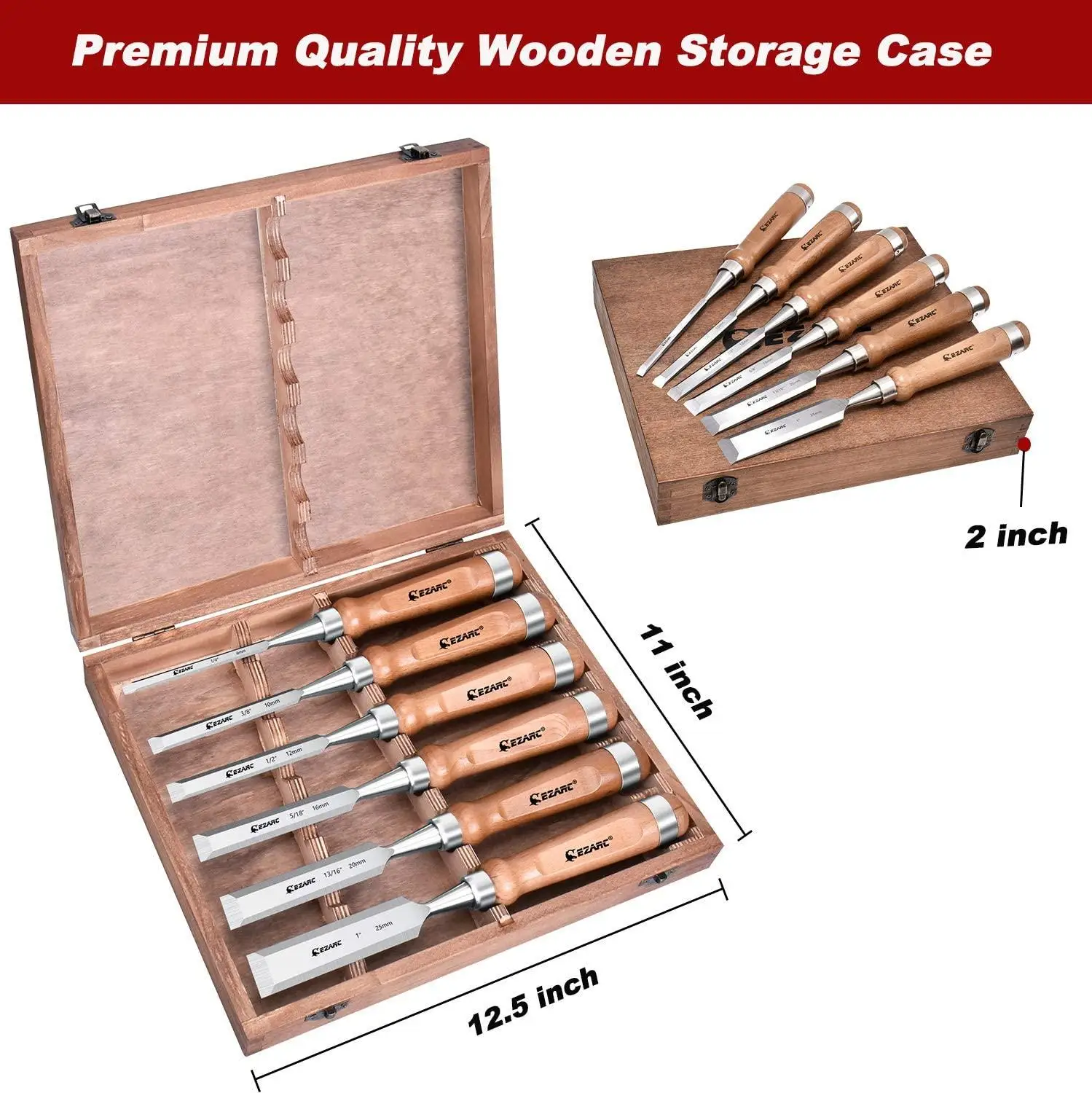 EZARC 6Pcs Wood Chisel Tool Sets Woodworking Carving Chisel Kit with Premium Wooden Case for Carpenter Craftsman Gift for Men