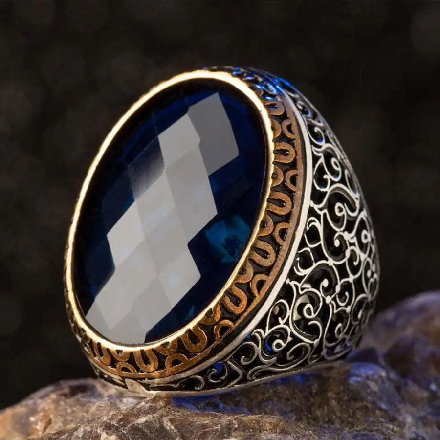 Silver Symmetrical Design Mens Ring with Blue Zircon Stone Fashion Turkish Premium Quality Handmade Jawelery