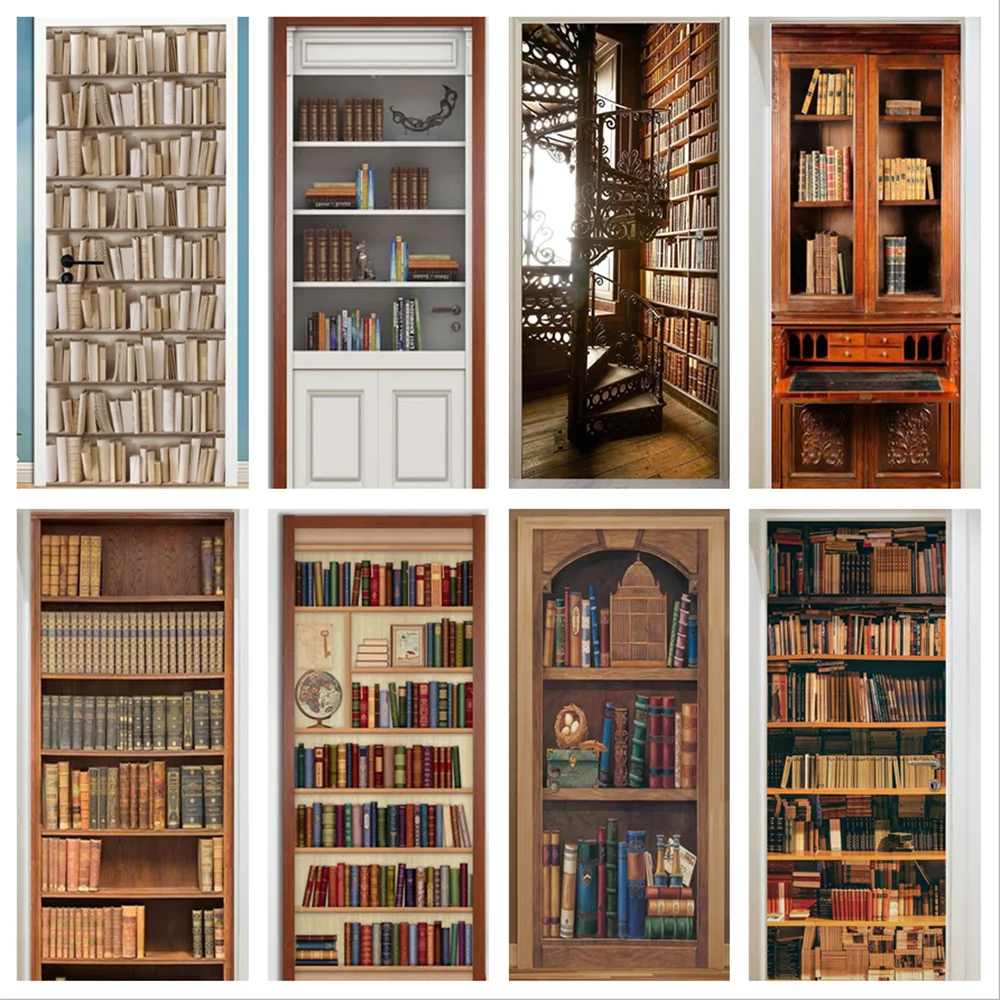 Wooden Bookshelf Door Stickers Spiral Staircase Library Retro Literature Art Bookstore Decor Renovation PVC Wallpaper Sticker