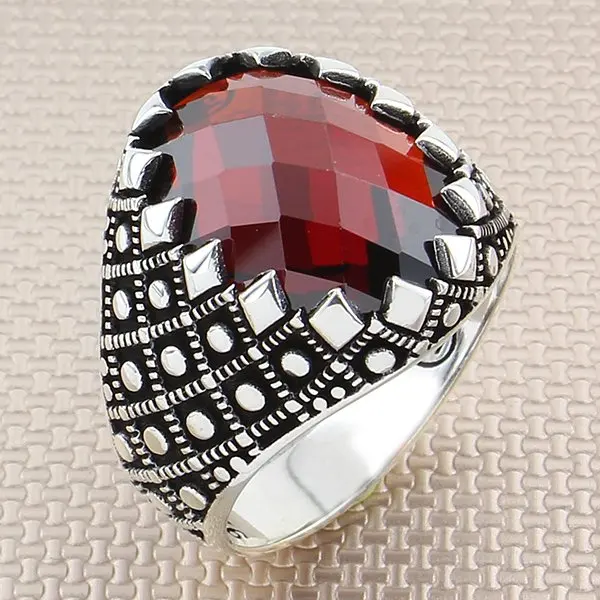 Genuine 925 Sterling Silver Red Turkish Ring for Men Natural Oval Red Zircon Stone Punk Spider Paw Male Rings Gem FashionJewelry