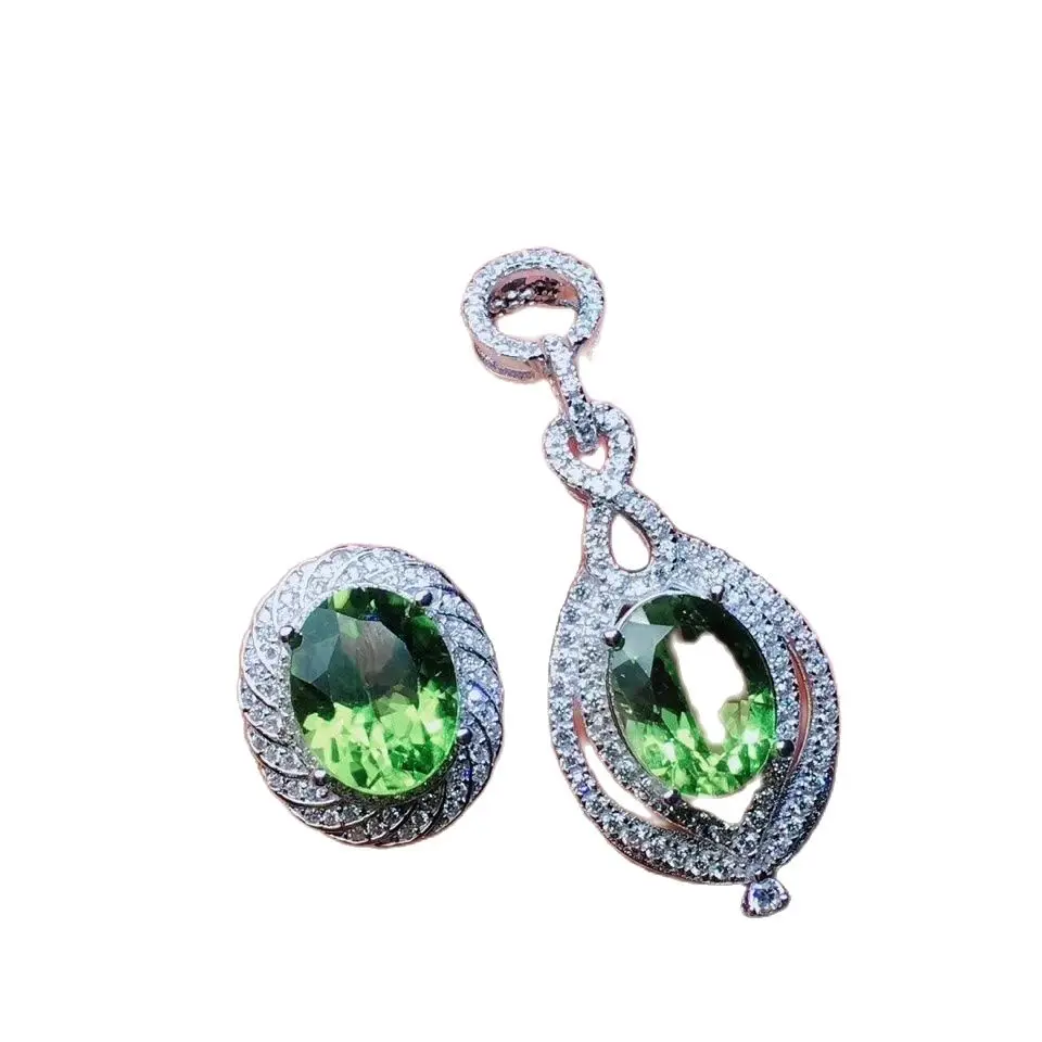 

KJJEAXCMY boutique jewelry 925 sterling silver inlaid natural olivine lady Ring Pendant Necklace suit support detection