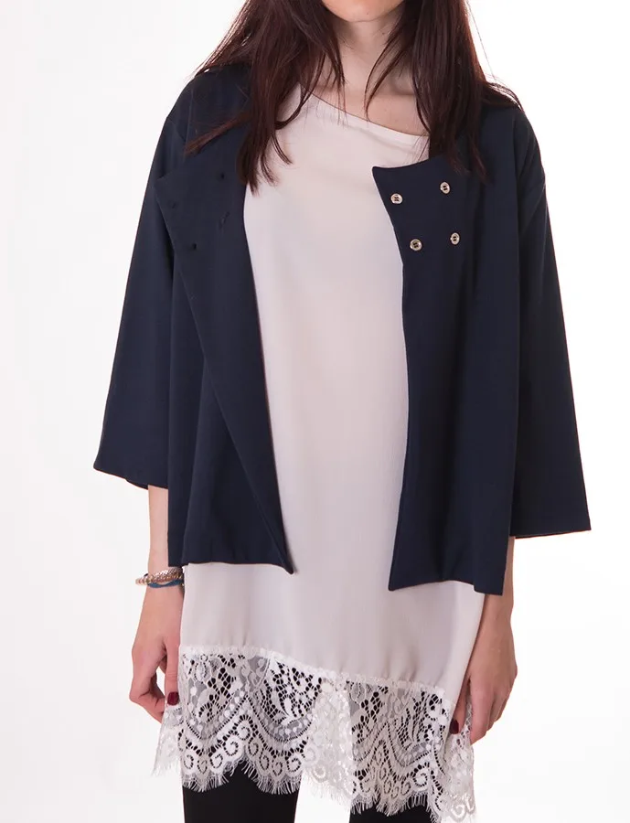 Long-sleeved blouse in large size for young woman, made of cava fabric with lace sleeves and low garment