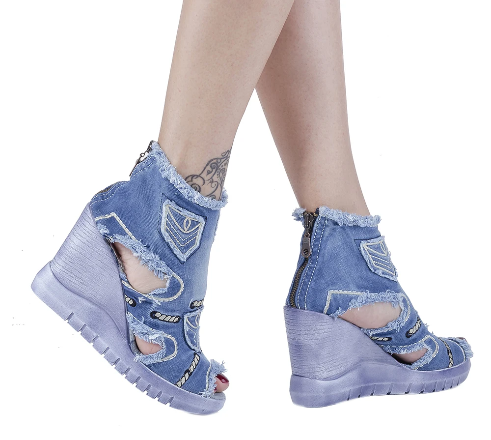 Jeans Boots Shoes Handmade High Bottom Ankle Boots Women's Shoes/denim sandals, denim sneakers, women's shoes,denim shoes/ 5017