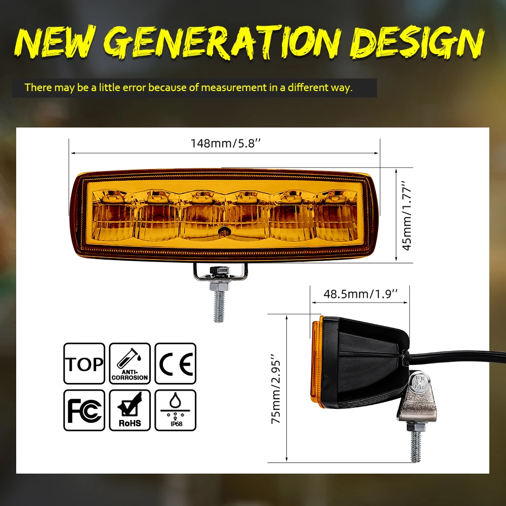 BraveWay Led 6 Inch Fog Light Yellow Offroad 3000k Work Light 2pcs Running Lights Car 12 V Led Light Bar Truck Boat 6D