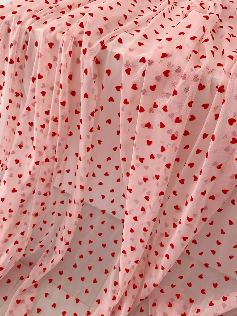 4 Way Stretch Tulle Fabric With Red Velvet Hearts Pink Stretchy Mesh Fabric Elastic Tulle Fabric Smooth Well Drape